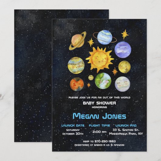 Invitation Espace | Carton d'invitation Baby Shower Système S (Devant / Derrière)