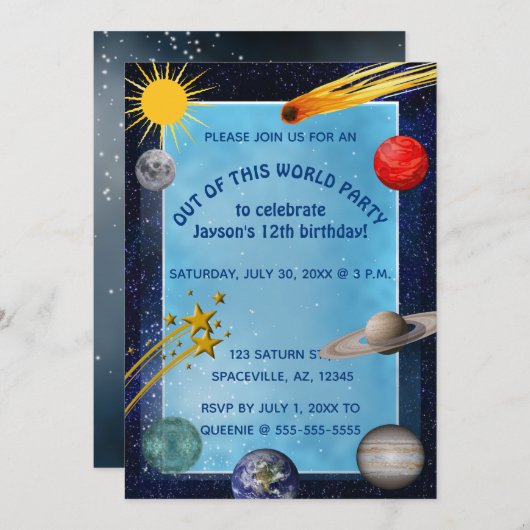 Invitation Espace extérieur modifiable pour anniversaire (Devant / Derrière)