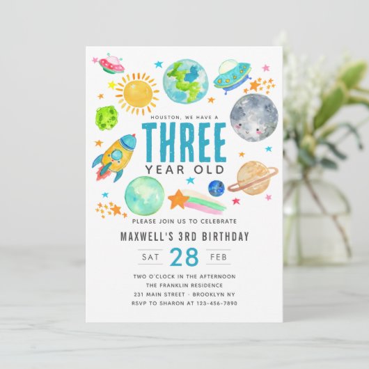 Invitation Espace Extérieur Soleil Lune Rocket Fête d'Anniver (Debout devant)