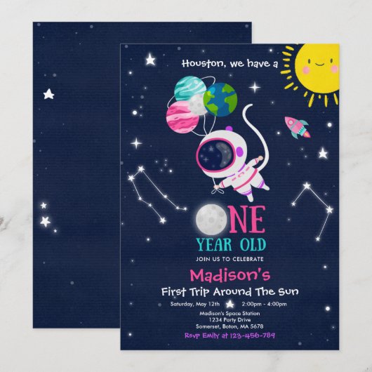 Invitation Espace extra-atmosphérique 1er Anniversaire Fête d (Devant / Derrière)