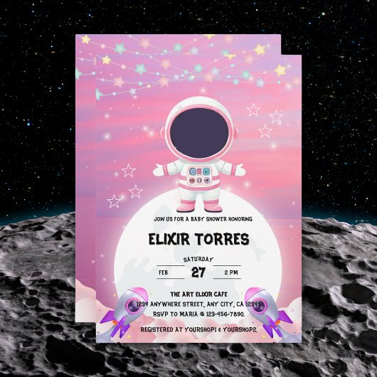 Invitation Espace extra-atmosphérique rose Petit explorateur 