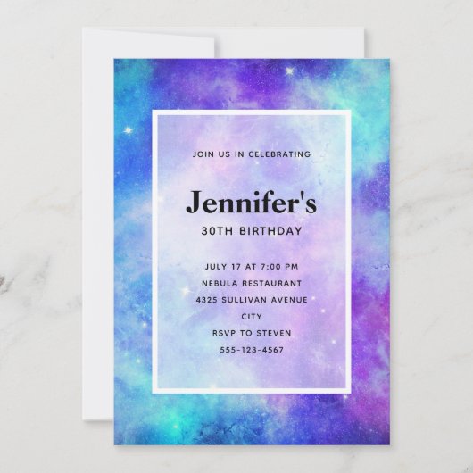Invitation Espace Galaxie Violet et Bleu Anniversaire Abstrai (Devant)
