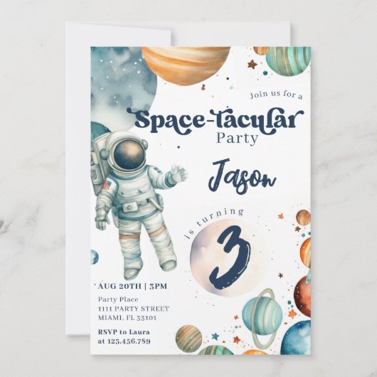 Invitation Espace Garçon Astronaute Bleu Anniversaire (Devant)