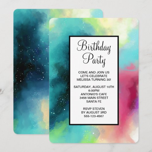 Invitation Espace Nébulaire Vert et Rouge Moderne Aquarelle (Devant / Derrière)