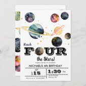 Invitation Espace | Planètes et étoiles | 4e anniversaire (Devant / Derrière)