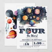 Invitation Espace | Planètes et étoiles | 4e anniversaire (Devant / Derrière)
