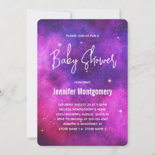 Invitation Espace rose et violet & Étoiles Baby shower Galaxi