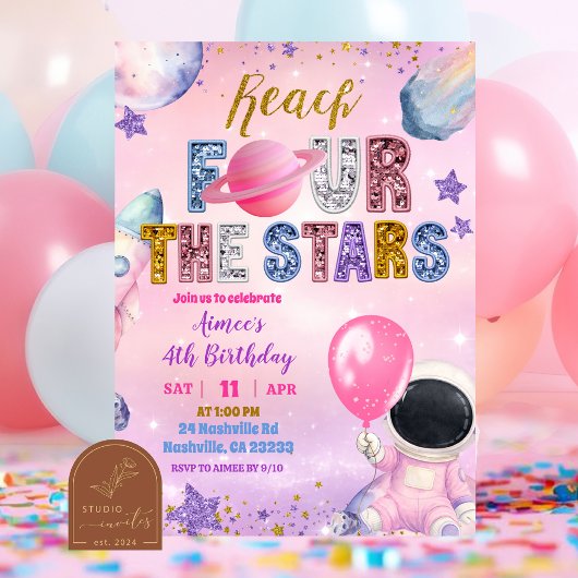 Invitation Espace Rose Sequins Fille Violette atteignant QUAT