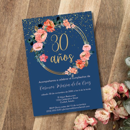 Invitation Espagne Blue Gold Chic Floral 30e fête d'anniversa