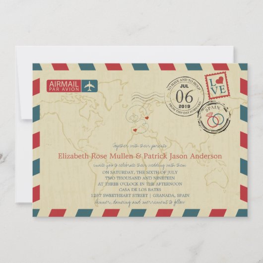 Invitation Espagne et Pologne Airmail | Mariage (Devant)