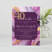 Invitation Espagne Purple Pink Gold Agate 40e fête d'annivers (Debout devant)