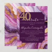 Invitation Espagne Purple Pink Gold Agate 40e fête d'annivers (Devant / Derrière)