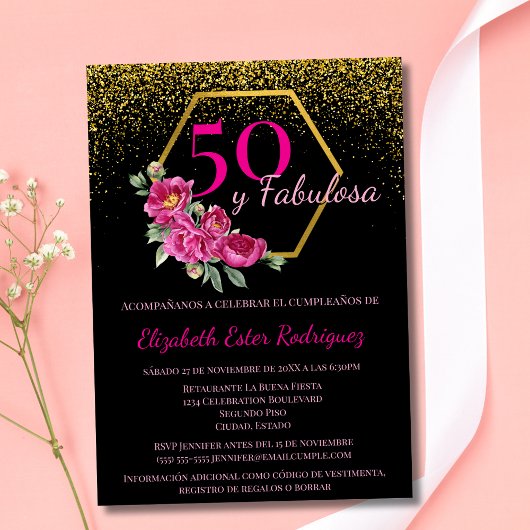 Invitation Espagnol 50 ans et Fabuleuse Noir Or Rose Chic Flo