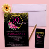 Invitation Espagnol 50 y Fabulosa Black Gold Rose Chic Floral
