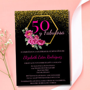 Invitation Espagnol 50 y Fabulosa Black Gold Rose Chic Floral