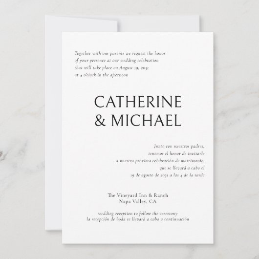 Invitation Espagnol Anglais Bilingue Élégant Mariage classiqu (Devant)