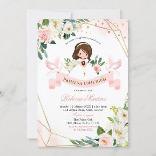 Invitation Espagnol Anglais Rose or Floral Girlly Christening