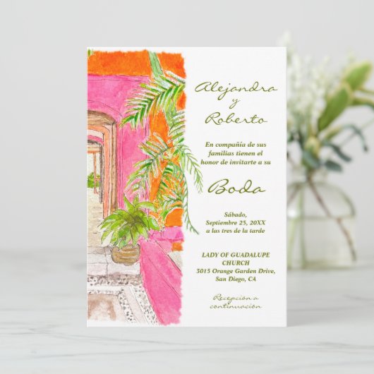 Invitation Espagnol Aquarelle Tropic Rose W/ Détails Mariage (Debout devant)