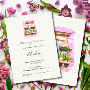 Invitation Espagnol, Aquarelle Ville Balcon Mariage mexicain