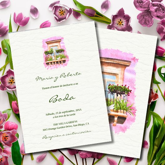 Invitation Espagnol, Aquarelle Ville Balcon Mariage mexicain