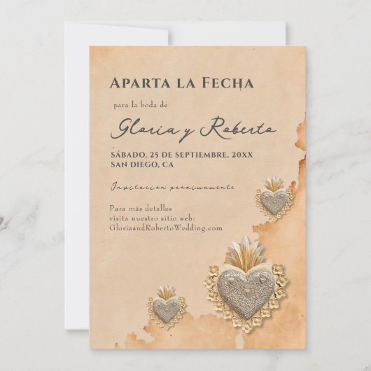 Invitation Espagnol Argent Milagros Coeur Enregistrer la date (Devant)