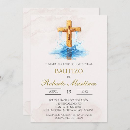 Invitation Espagnol avec croix bleue baptême (Devant / Derrière)