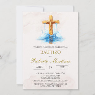 Invitation Espagnol avec croix bleue baptême