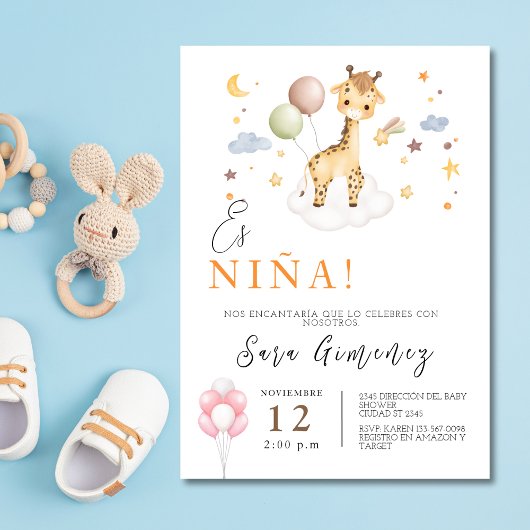 Invitation Espagnol Baby Girl Douche Giraffe Avec Ballons
