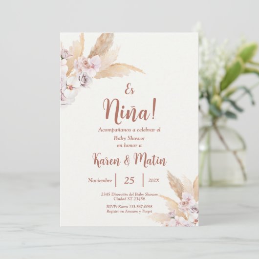 Invitation Espagnol Baby shower Boho fille (Debout devant)