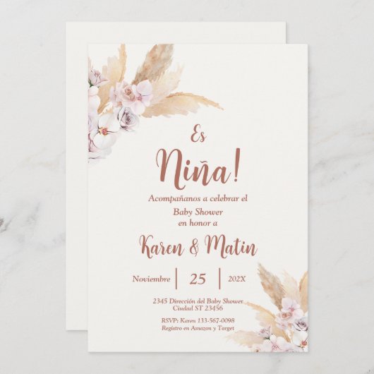 Invitation Espagnol Baby shower Boho fille (Devant / Derrière)