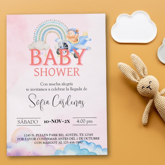 Invitation Espagnol Baby shower Teddy Bear Avion rose