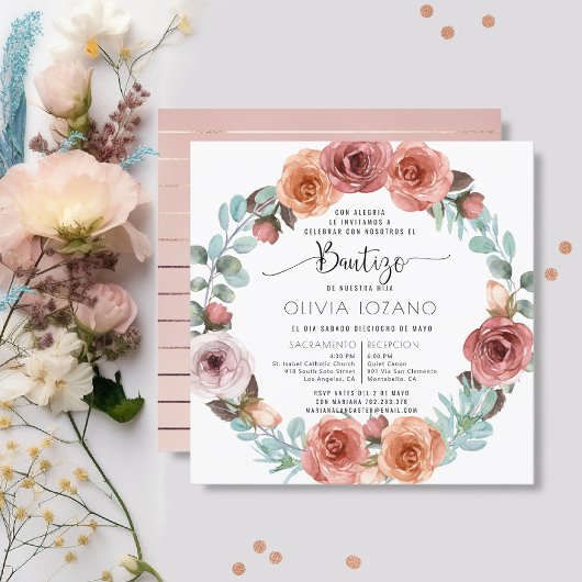 Invitation Espagnol Baptême Rose or Floral Wreath