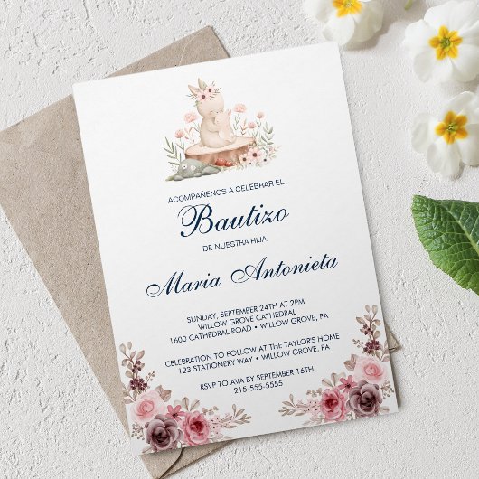 Invitation Espagnol Bautizo De Niña Lapin Floral Baby