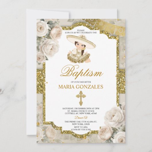 Invitation Espagnol Bautizo Fiesta mignonne petite fille Bapt (Devant)