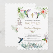 Invitation Espagnol Bautizo Fleurs roses Hummingbird Girl (Devant / Derrière)