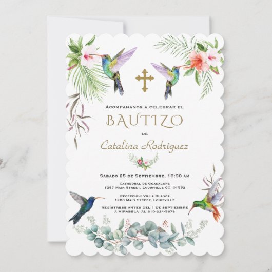 Invitation Espagnol Bautizo Fleurs roses Hummingbird Girl (Devant)