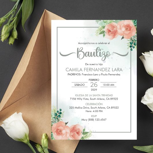 Invitation Espagnol Bautizo Invitacion Fleurs roses Baptême