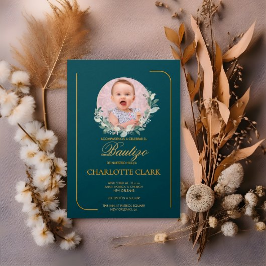 Invitation Espagnol Bautizo Photo Verdure Elegant Gold