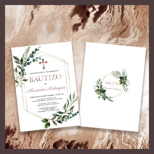Invitation Espagnol Bautizo Verdure Rose Gold Boy Baptism