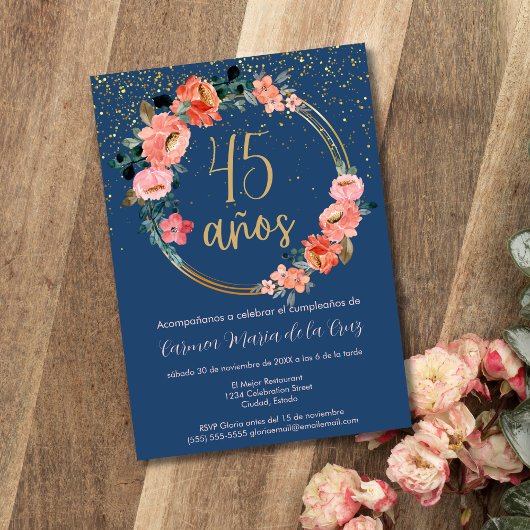 Invitation Espagnol Belle Chic Floral 45e fête d'anniversaire