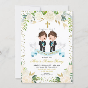 Invitation Espagnol Blanc Floral Twin Boy Primera comunió n