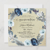 Invitation Espagnol, Bleu élégant et Or, Floral Quinceañera (Devant)