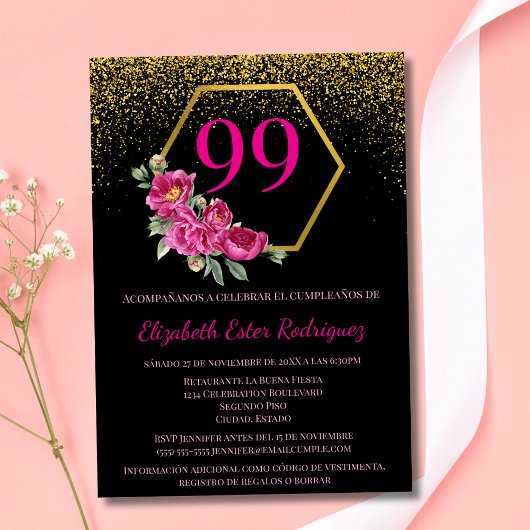 Invitation Espagnol Bold Chic Black Gold & Pink 99e anniversa