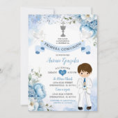 Invitation Espagnol Boy Dusty Blue Floral Primera Comunion (Devant)