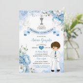 Invitation Espagnol Boy Dusty Blue Floral Primera Comunion (Debout devant)