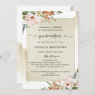Invitation Espagnol, Champagne et Blush Quinceañera Floral