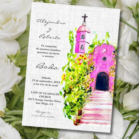 Invitation espagnol, chapelle rose colorée Mariage mexicain