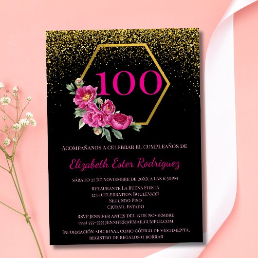 Invitation Espagnol Charming Black Gold & Pink 100e anniversa
