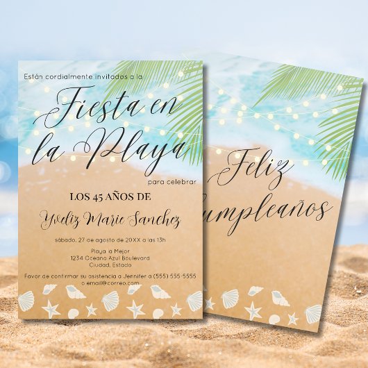 Invitation Espagnol Chic Beach Sand Shore 45e fête d'annivers