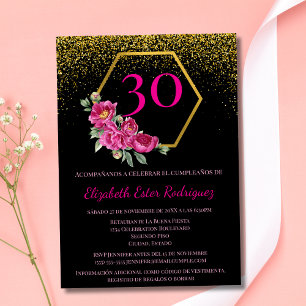 Invitation Espagnol Chic Black Gold Rose 30e anniversaire